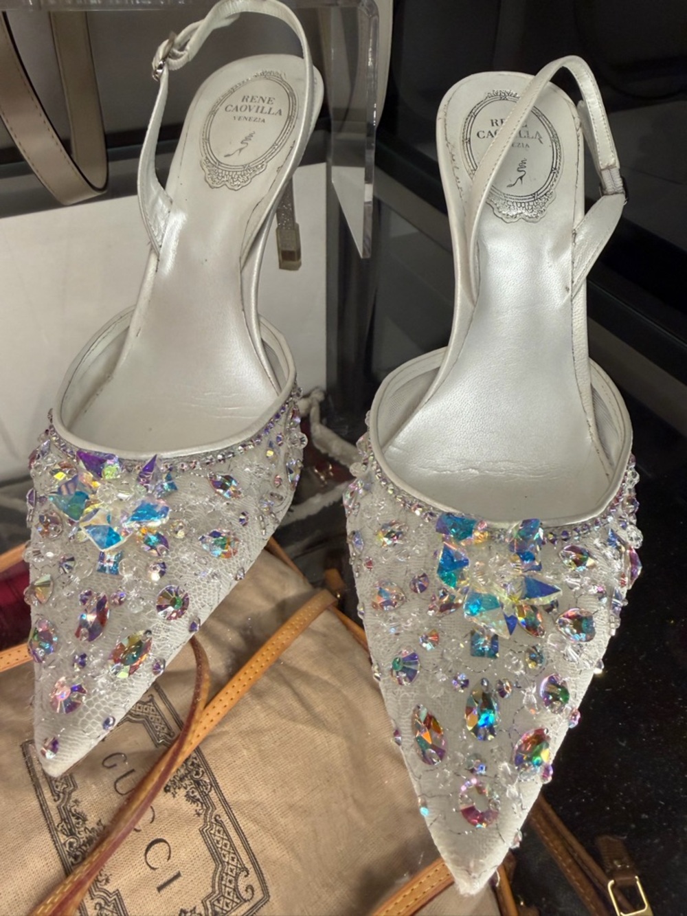 Rene Caovilla White Crystal-Embellished Pointed Slingback Heels - Picture 2 of 9